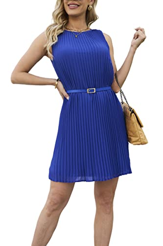 Photo 1 of AbleTree Sleeveless Pleated Summer Dresses for Women Short Business Casual Cute Mini Shift Belted Dress X-Small Royal Blue