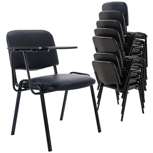 Image of HNY Black Tablet Arm Chairs Set of 15, PU Comfort Office Waiting Room Guest Nesting Stacking Chairs, Reception Chair with Flip-Up Table Conference Chair for School Classroom Training Meeting Room