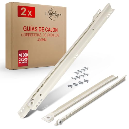 LouMaxx Guías de cajón de 400 mm | Paquete de 2 (1 par) de corredores de cajones blancos | Sistema deslizante de cajón con extensión parcial | Deslizadores de cajones lisos en color blanco crema