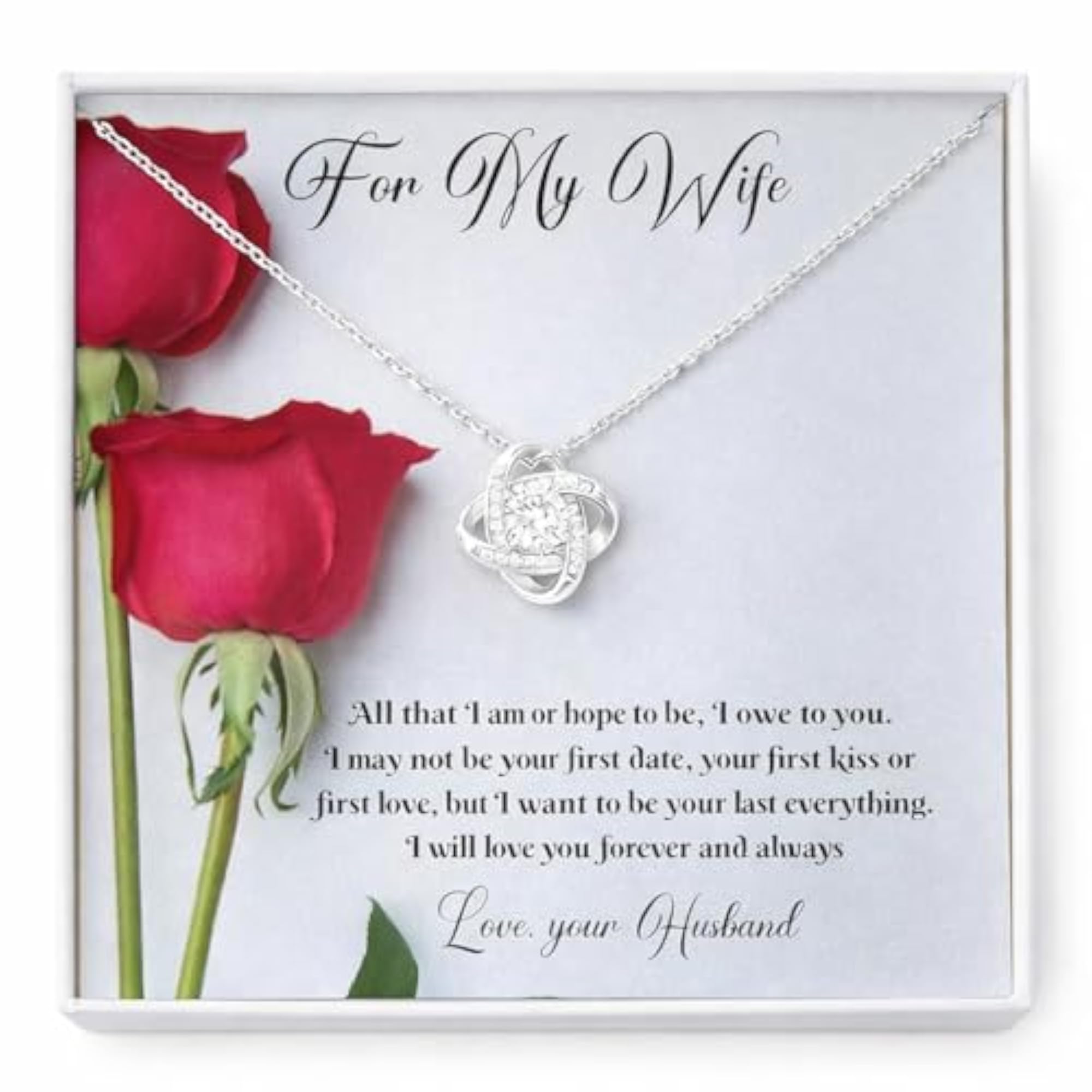 Women's Love Knot Necklace with Red Rose, 925 Sterling Silver
