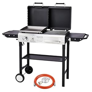 LEADZM Gasgrill und Holzkohlegrill, 4, 8 kW - Ausgestattet mit einem 50-Mbar-Druckminderventil, Backform und Grillrost-Kombination