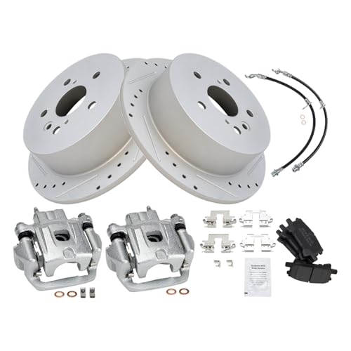 Image of TRQ Performance Rear Brake Pad and Rotor Set Semi Metallic Slotted Drilled Coated Calipers Compatible with 04-06 Lexus RX330 07-09 RX350 06-08 RX400h 06-07 Toyota Highlander with All Wheel Drive