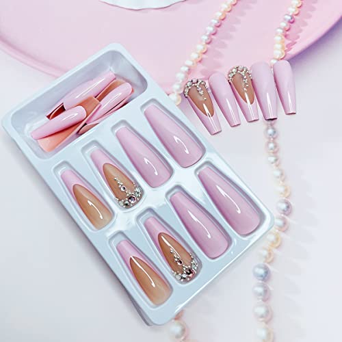 Square Press On Nails Long Coffin Nails Tips Fake Nails Green Gemstone Acrylic Nails Full Cover Black French Tip False Nails With Rhinestones Shiny Designs Glue On Nails For Women And Girls 24Pcs #TOP3