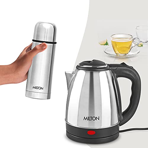 Image of Milton Euroline Combo Set Go Electro Stainless Steel Electric Kettle, 1.2 Litres, Silver and Flip Lid Thermosteel Hot or Cold Stainless Steel Water Bottle with Jacket, 350 ml, Silver