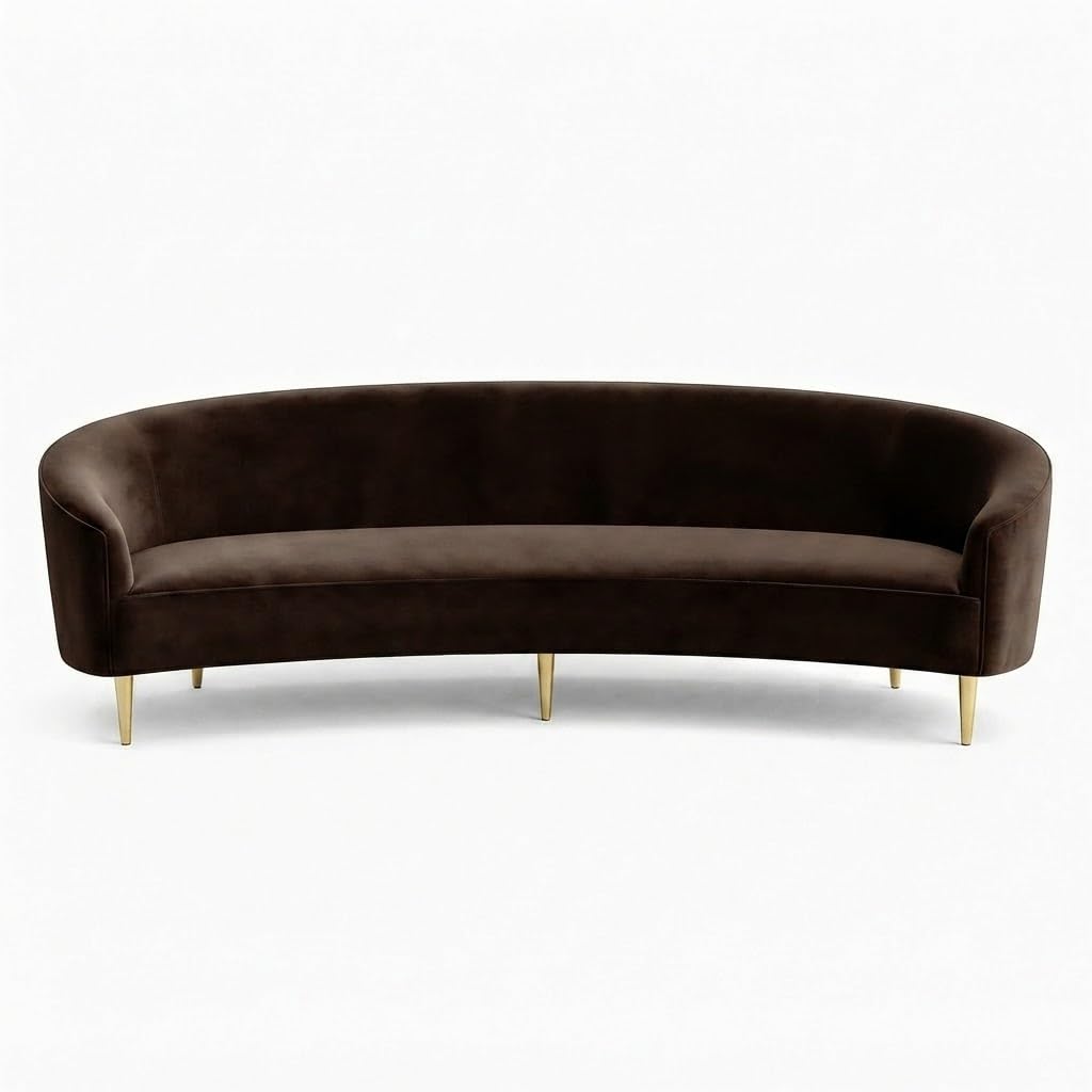 HM Handicrafts Modern Curved 3 Seater Sofa | Premium Velvet Upholstered Designer Couch with Solid Wood Frame, High Density Foam & Gold Metal Legs | Luxury Living Room Sofa, Brown-image-27