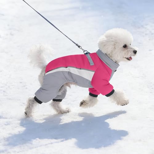 Hunde-Wintermantel, Ganzkörper-Abdeckung, warmer Fleece-Hunde-Schneeanzug mit integriertem Geschirr, wasserdicht, winddicht, Welpenpuffer mit 4 Beinen, reflektierend, Rollkragen, kaltes Wetter, Rosa