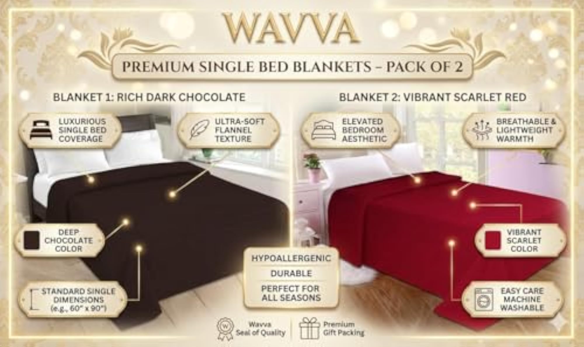 Set of 2 Brown and Red Fleece Blankets, Single Bed