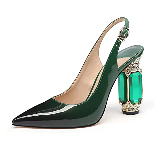Image of JANSEVEN Women Chunky Heels Pumps Crystal Block Heels with Rhinestones Pointed Toe Sexy Gradient Patent Leather Slip on Bridal Party Wedding Dress Shoes 5-13 M US