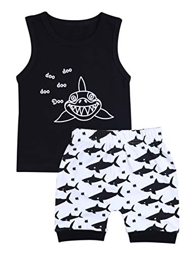 Baby Boy Girl Clothes Shark and Doo Doo Print Summer Cotton Sleeveless Outfits Set Tops and Short Pants