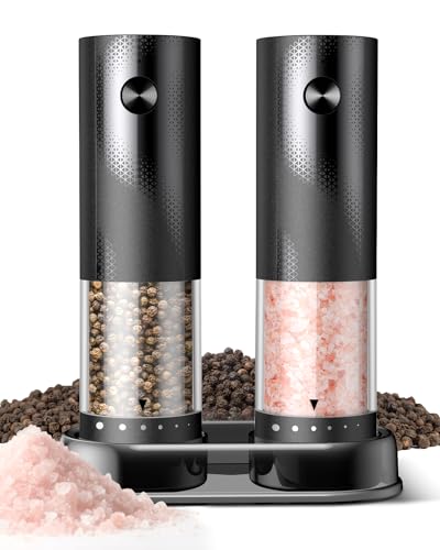 Comparison: Best Rechargeable Salt And Pepper Grinders 5 Electric Salt and Pepper Grinder Set - Rechargeable Automatic Salt and Pepper Shakers, Kitchen Appliances with External Adjustable Coarseness, Larger Hopper for Cooking, Home Gifts(2 Pack,Black/Black)
