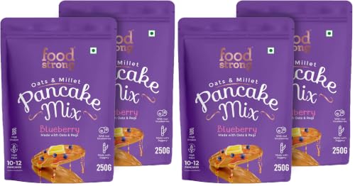 Image of Foodstrong Oats and Millets Blueberry Pancake Mix, High Protein & Fibre, No Maida, No Refined Sugar - Made With Jaggery, Eggless Instant Breakfast Mix 250G (Pack Of 4)