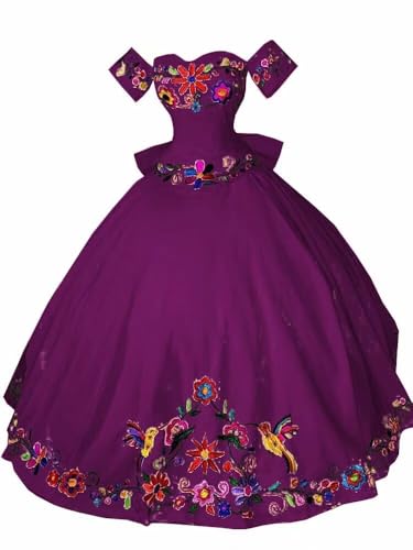 Modest Flower Embroidered Mexican Quinceanera Wedding Dresses Ball Gown Off Shoulder Charro Style Prom Formal Dress