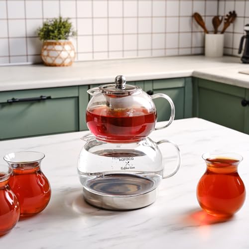 Karaca Refika - Juego de tetera de cristal de borosilicato con colador de té de acero inoxidable, hervidor de 1,5 L y tetera de cristal de 0,6 L con colador, olla de té turco, Caydanlik