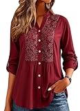 Minetom Chemisier Décontracté en Dentelle Tunique Femme Grande Taille Chic Blouse Élégant Fluide Manches Longues Tops Lâche T Shirt Vin Rouge 50