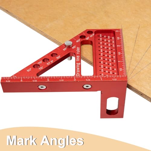 Beslands 3D Multi Angle Measuring Ruler, 22.5-90 Degree High Precision Carpenter Square Woodworking Triangle Ruler Protractor Scriber 3D Square Tool with Angle Position Pin(Red)
