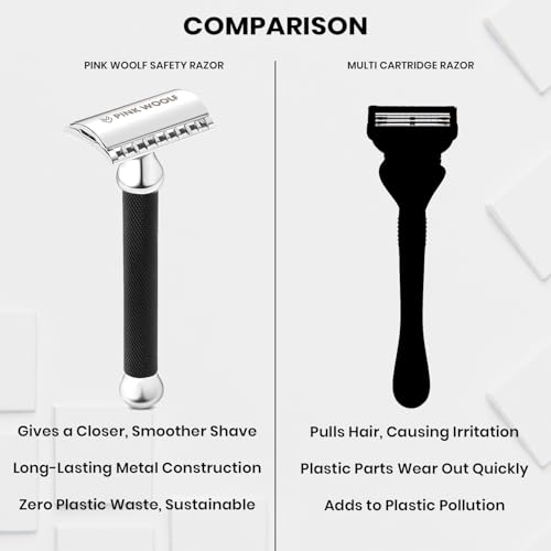 Image of Pink Woolf OC70 Open Comb Safety Razor for Men | Double Edge with 10 Blades | Matte Black Metal Shaver for Thick Beard & Wet Shaving | Aggressive Single Blade with Anti-Slip Handle