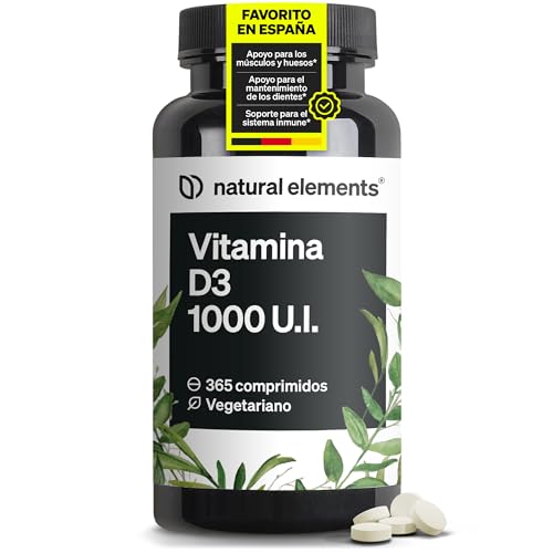 Vitamina D3 1000 UI - 365 Tabletas para 1 año - Huesos y sistema inmunitario - Vitamina D colecalciferol en alta dosificación - Probado en laboratorio y sin aditivos innecesarios
