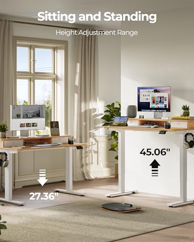 Image of FEZIBO 55 x 24 Inch Height Adjustable Electric Standing Desk with Double Drawer, Stand up Desk, Home Office Computer Workstation with 4 Height-Adjustable Feets & 2 Hooks, Light Rustic