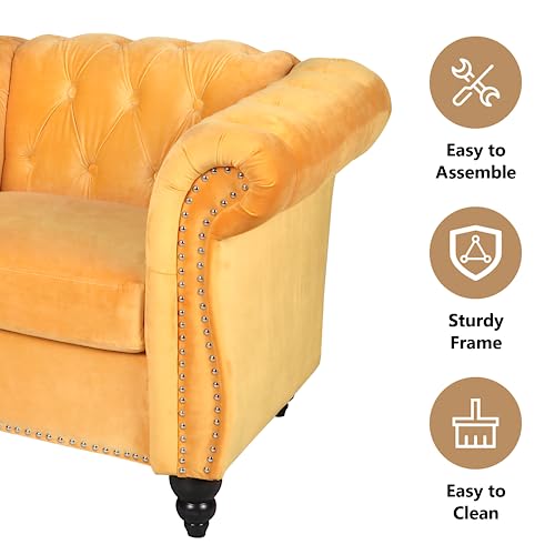 Image of QHITTY Accent Large Sofa, Chesterfield Couch 3 Seater Modern Velvet Couch Upholstered Sofa with Tufted Back for Living Room Furniture (Mango)