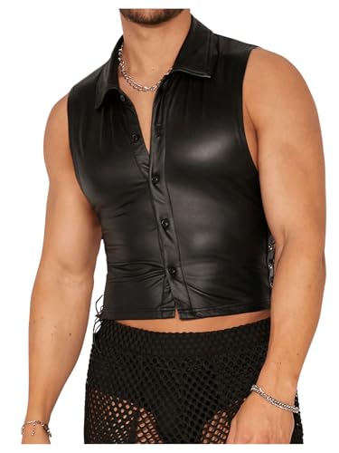 OYOANGLE Men's Faux Leather Tank Tops Sleeveless Fitted Muscle Undershirt Button Down Vest Top Nightwear