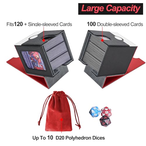 Image of AFIING MTG Deck Box for Commander Display,Card Deck Case Fits 100 Double Sleeved Cards, Magic Commander TCG Card Storage Box with 2 Dividers,Dice Bag and 1 Toploader(Red Black)