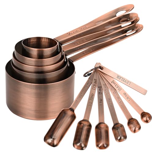 IFFMYJB Copper Plate Measuring Cups and Spoons Set of 12, Copper Measuring Cups and Spoons Set with Leveler, Stainless Steel Measuring Spoons & Cups for Dry & Liquid Ingredients During Kitchen&Baking