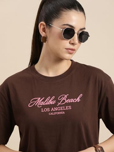 Image of JUNEBERRY Women's Regular Fit Printed Tee - 100% Pure Cotton, Round Neck, Half Sleeve Graphic T-Shirt for Daily Use (Colors: Red, Brown, Green & Future Dusk)
