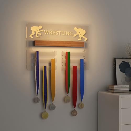 Ammonite Light up Wrestling Medal Hanger Display Holder Rack for Awards or Ribbons Sports Themed Ribbon Holder for Wall Tiered Award Rack