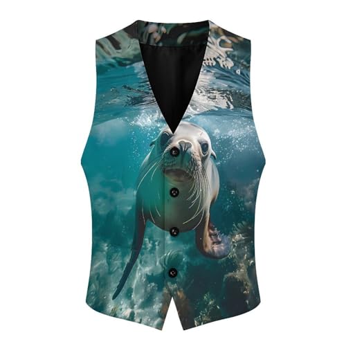 Australian Sea Lion Underwater Photo Men's Suit Vest Waistcoat Vests Formal Dress with 2 Pockets for Business Casual Tuxedo3