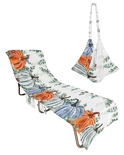Thanksgiving, Beach Lounge Chair Towel Cover, Soft Chaise Lounge Towel with Side Pockets Patio Pool Chairs Cover for Beach/Pool Sunbathing 29x85 Colorful Pumpkins Fall Green Eucalyptus Leaves