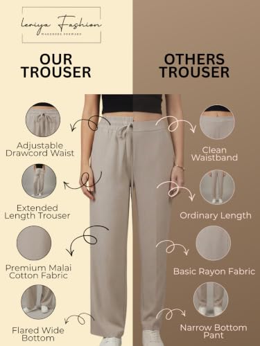 Image of Leriya Fashion Women Relaxed Fit Wide Leg Trousers | Malai Cottage Elastic Drawstring Wide Leg Pants for Women | Casual Straight Lounge Pants with Pockets | Stylish Everyday Office Outfit Bottom Pant