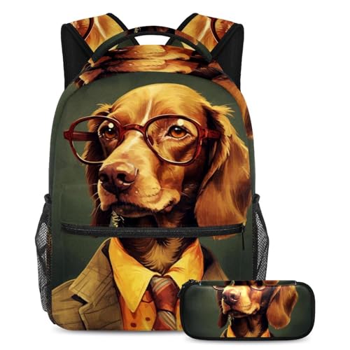 Sac à dos avec trousse à crayons chien lunettes vintage ados