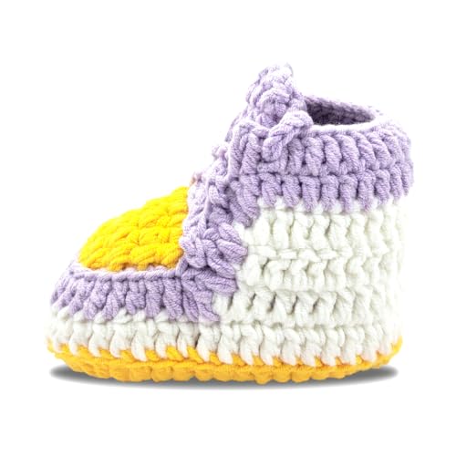 THEFAMIE Crochet Baby Shoes for Boys & Girls, Soft, Warm, Comfortable Sneakers for Infants & Toddlers (3-6 Months, Lavender and Yellow, US Size System, Medium) Stylish Lightweight Booties