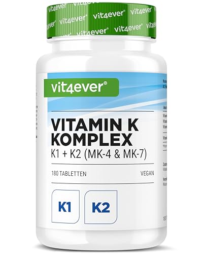 Complejo de Vitamina K - 180 Comprimidos - Alta Dosis con 1.000 µg de Vitamina K1 + K2 Menaquinona (1.000 µg MK4 + 200 µg MK7) - Sin aditivos innecesarios, Vegano