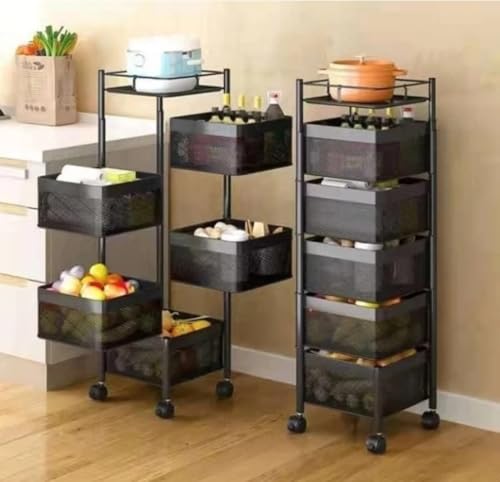 Image of Well Set Metal 5-Layer Revolving Kitchen Storage Rack with Wheels | Multipurpose Organizer for Fruits, Vegetables, Groceries & Spice | Heavy Duty Square Design Kitchen Trolley (Black)