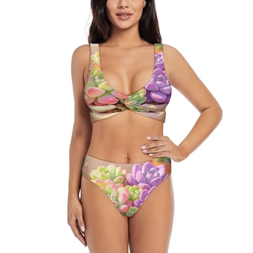 Bikini croisé pour femme Green Succulent Art maillot deux pièces push-up réglable