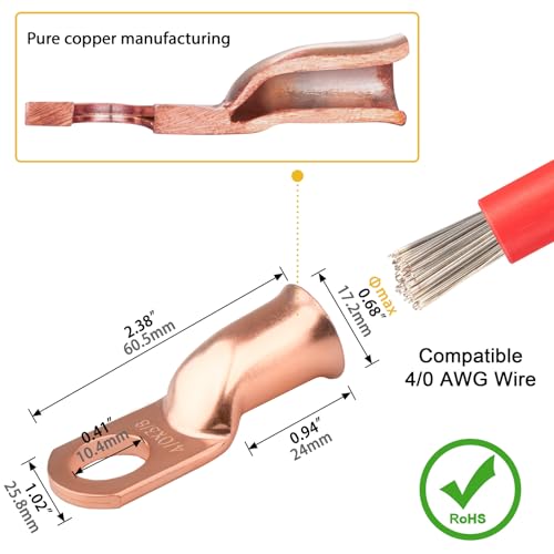 8pcs 4/0 Awg - 1/2" (M12) Sanuke Wire Lugs Ring Terminal Connectors Ends Heavy Duty for Battery Cable Lug Wire Electrical Eyelets with 3:1 Dual Wall Adhesive Heat Shrink
