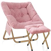 Kasunpul Comfy Saucer Chair, Foldable Living Room Chairs, Soft Faux Fur Lounge Chair for Bedroom, Reading Chairs for Adults, Teens, X-Large (Pink)