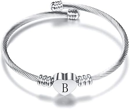 SBI Jewelry Initial Letter Cuff Bracelets Silver Heart Bangle Bracelet English Alphabet A-Z Gift for Women Girls Birthday