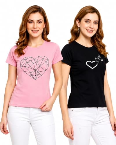 Image of Women's Slim Fit Graphic Printed T-Shirt | Soft 100% Cotton Fabric | Round Neck Half Sleeve Casual Top, Travel & College Pack of 2 Set