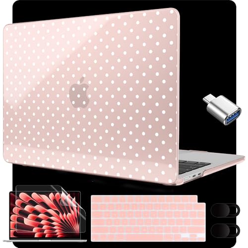 Image of MEEgoodo for M5 /M4 /M3 /M2 MacBook Air 15 inch Case 2026 2025 2024 2023, Case Fit Model (A3448 /A3241 /A3114 /A2941) for MacBook Air 15.3 inch, Pink & White Polka Dots