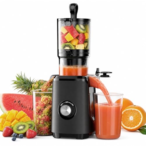 KMFurnila Slow Masticating Juicer Machines, Cold Press Juicer with Safety Lock & Reverse Function, 4.25' Feed Chute for Whole Fruits & Vegetables, High Juice Yield, Black