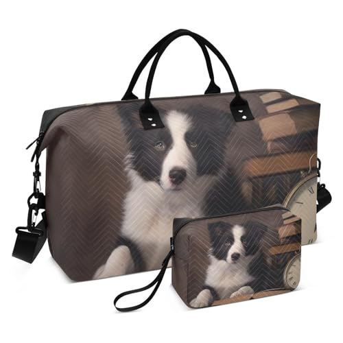 Large Travel Duffel Bag, Cute Sheepdog Puppy Book Sport Tote Gym Bag, Shoulder Weekender Overnight Bag for Women Men, Carry On Luggage with Toiletry Bag