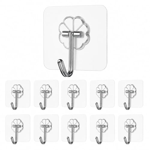 Image of 10 Pack Premium Nail Wall Hooks Flower Hooks for Wall Without Drilling, Self Adhesive Hooks for Wall Heavy Duty Strong Nail Free(Hanging Hook, Transparent)