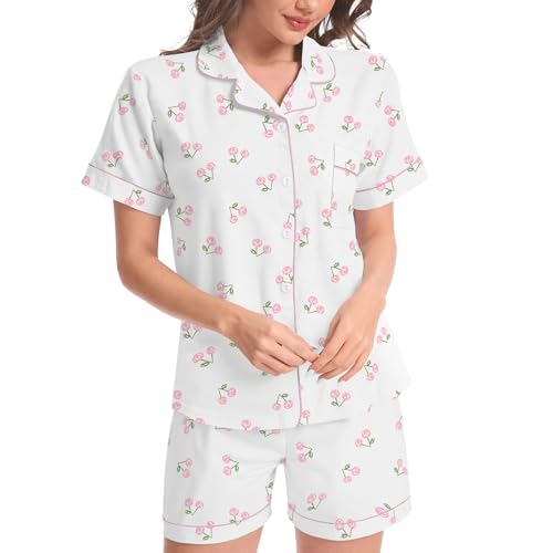 Image of Ammiko Womens Pajamas Set Y2k Loungewear Pajama Button Down Top and Shorts Monkey Beach Short Sleeve Sleepwear Preppy