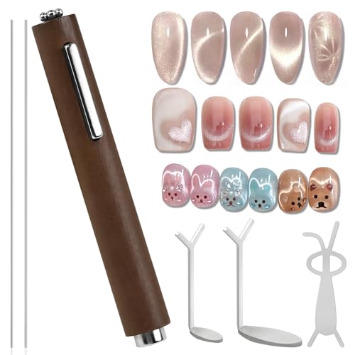 3 in 1 Cat Eye Nail Magnet Set Multifunctional Wooden Handle Heart Shaped Rabbit Shape Cat Eye Nail Magnet Tool Professional for Manicure DIY Design at Home