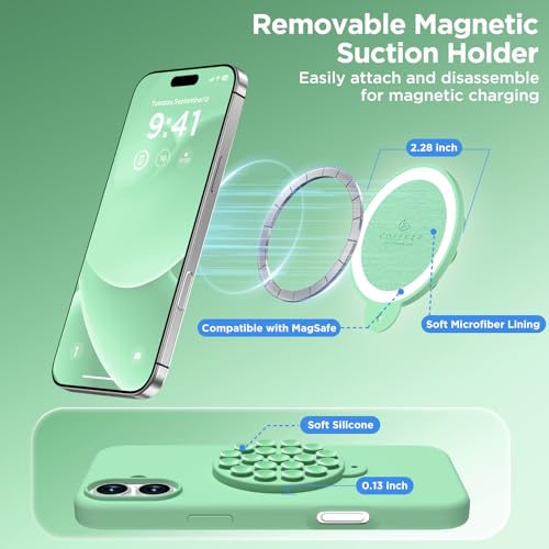 Image of Magnetic for iPhone 16 Case, Compatible with Magsafe, Suction Cup Phone Mount, [2 Screen Protectors][Camera Lens Protector] Silicone Shockproof Protective Phone Cover 6.1 inch, Spearmint Green
