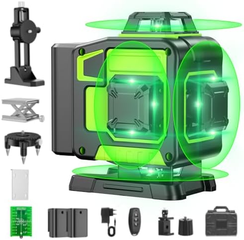 16 Line Laser Level 360 Self Leveling, 4x360°Professional 4D Green Cross Line laser Level with 2 Batteries, Adjustable Brightness & Remote Control, for Tiling Floor Construction and Picture Hanging