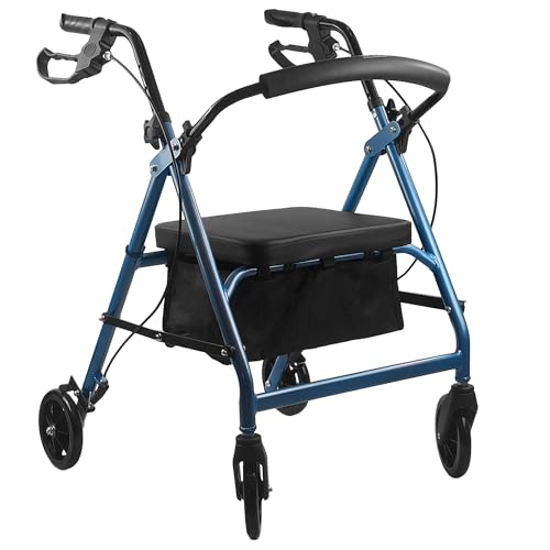 iCAN R-24 Ultra Lightweight Folding Rollator Aluminium 4-Wheel Walking Aid with Padded Seat Backrest & Adjustable Handles Indoor & Outdoor Mobility Walker