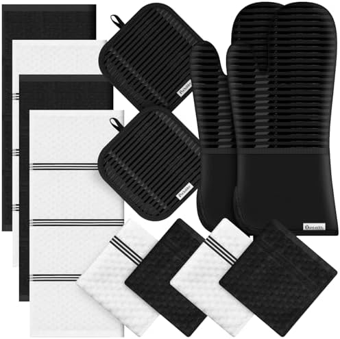 Oven Mitts Kitchen Towels and Dishcloths with Pot Holders Sets, Oven Gloves Hot Pads 500°F Heat Resistant with Silicone Grip, Include 2 Cooking Gloves/2 Potholders/4 Kitchen Towels/4 Dish Towels
